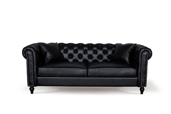 Faux Leather Black 3 Seater Chesterfield Sofa With Wooden Feet MODERNO