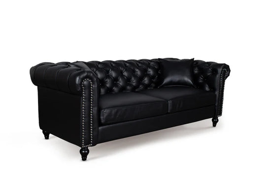 Faux Leather Black 3 Seater Chesterfield Sofa With Wooden Feet MODERNO
