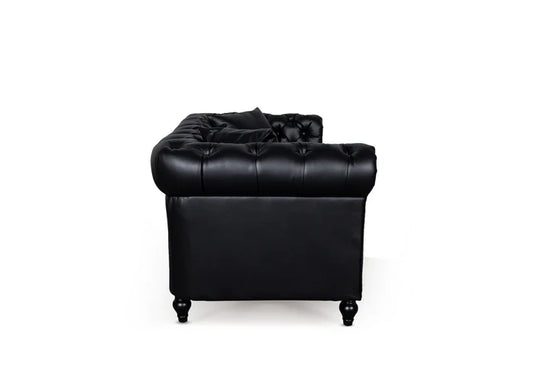 Faux Leather Black 3 Seater Chesterfield Sofa With Wooden Feet MODERNO