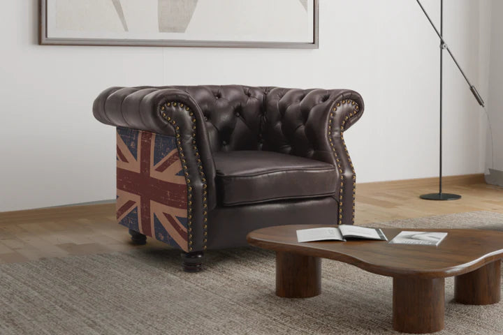 Faux Leather Brown 1 Seater Union Jack Chesterfield Sofa