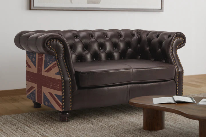 Faux Leather Brown 2 Seater Union Jack Chesterfield Sofa