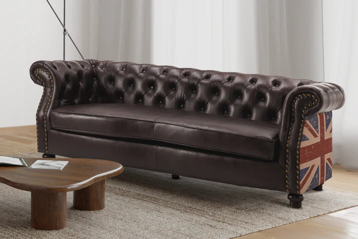 Faux Leather Brown 3 Seater Union Jack Chesterfield Sofa