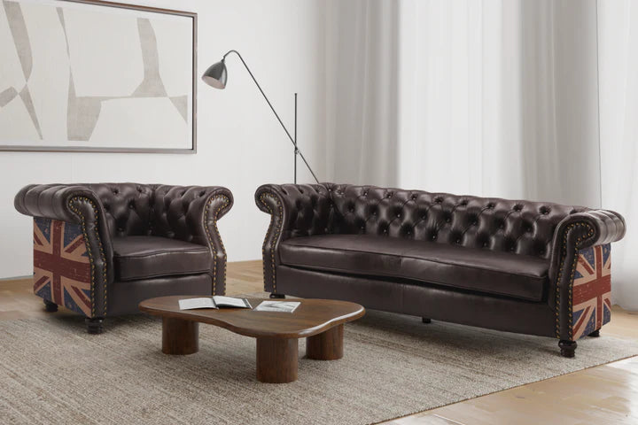 Faux Leather Brown 3 + 1 Seater Union Jack Chesterfield Sofa Set