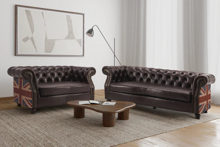 Faux Leather Brown 3 + 2 Seater Union Jack Chesterfield Sofa Set