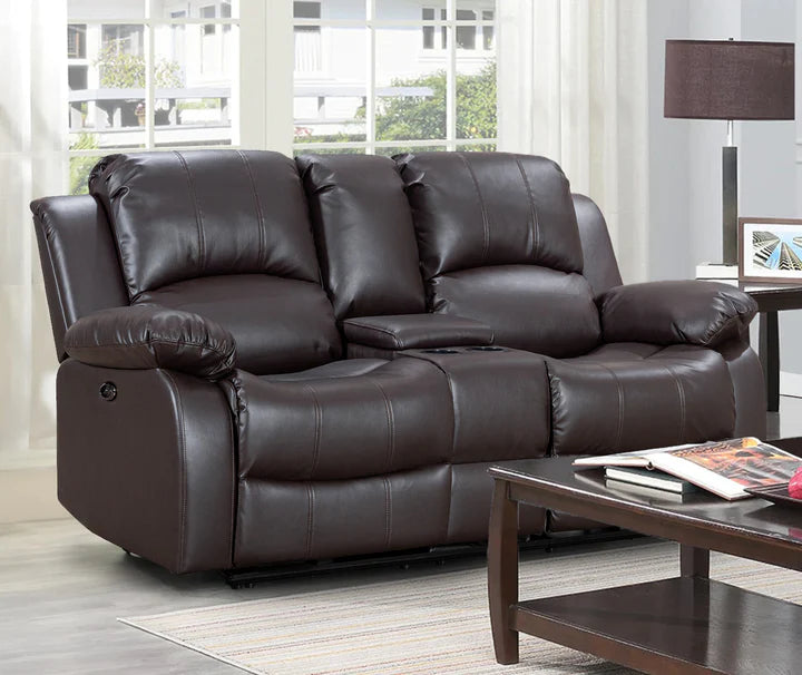 Faux Leather Brown 2 Seater Electric Recliner Sofa with Cup Holders and Console 1 SETTEE