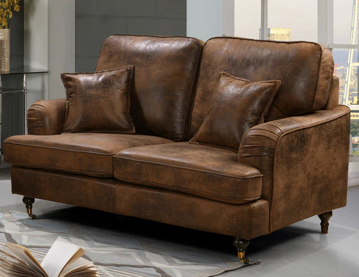 Faux Leather Suede Brown 2 Seater Bella Sofa with Plain Cushions ASBURY