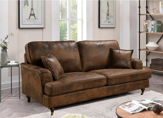 Faux Leather Suede Brown 3 Seater Bella Sofa with Plain Cushions ASBURY