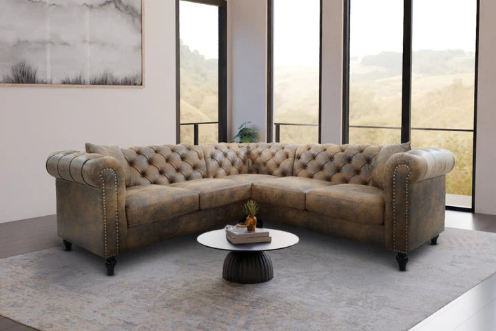 Faux Leather Suede Brown 2C2 Chesterfield Corner Sofa With Wooden Feet MODERNO
