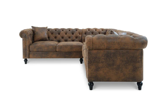 Faux Leather Suede Brown 2C2 Chesterfield Corner Sofa With Wooden Feet MODERNO