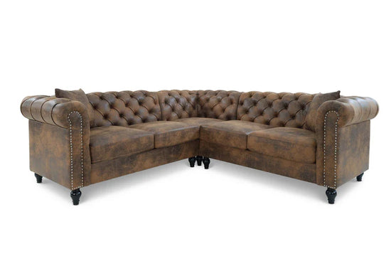 Faux Leather Suede Brown 2C2 Chesterfield Corner Sofa With Wooden Feet MODERNO