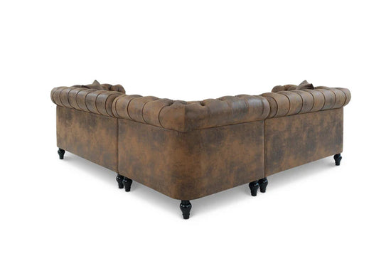 Faux Leather Suede Brown 2C2 Chesterfield Corner Sofa With Wooden Feet MODERNO
