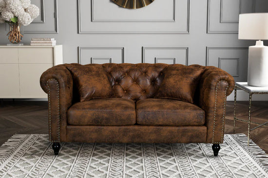 Faux Leather Suede Brown 2 Seater Chesterfield Sofa With Wooden Feet MODERNO