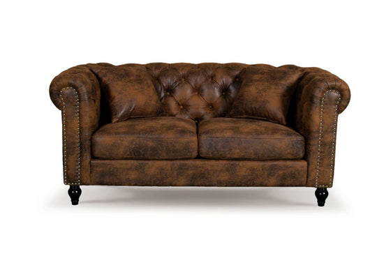 Faux Leather Suede Brown 2 Seater Chesterfield Sofa With Wooden Feet MODERNO