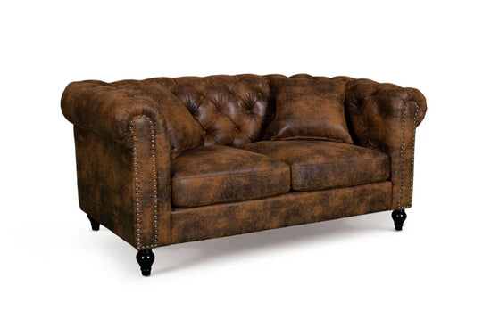 Faux Leather Suede Brown 2 Seater Chesterfield Sofa With Wooden Feet MODERNO