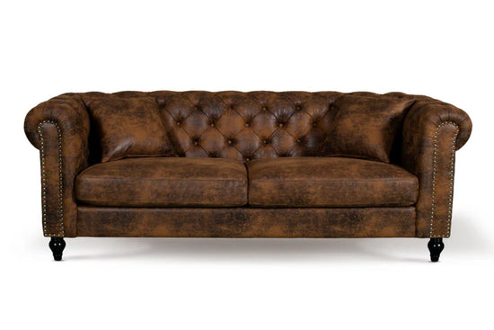 Faux Leather Suede Brown 3 Seater Chesterfield Sofa With Wooden Feet MODERNO
