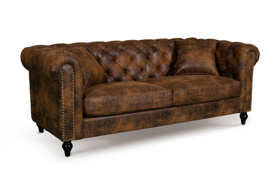 Faux Leather Suede Brown 3 Seater Chesterfield Sofa With Wooden Feet MODERNO