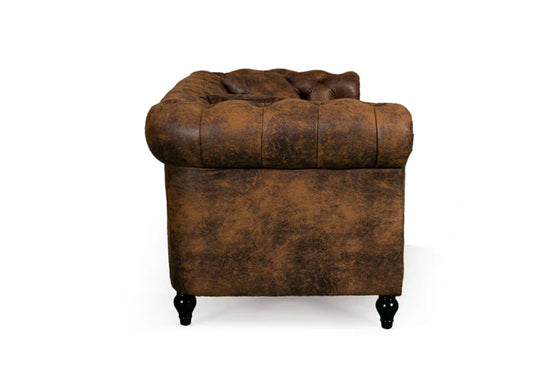 Faux Leather Suede Brown 3 Seater Chesterfield Sofa With Wooden Feet MODERNO