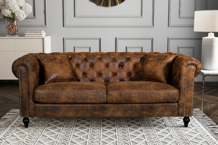 Faux Leather Suede Brown 3 Seater Chesterfield Sofa With Wooden Feet MODERNO