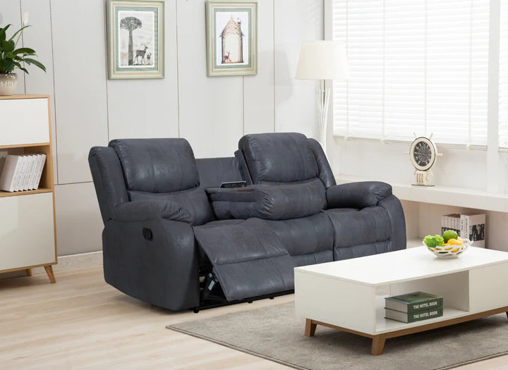 Faux Leather Suede Grey 3 Seater Manual Recliner Sofa NAPOLI