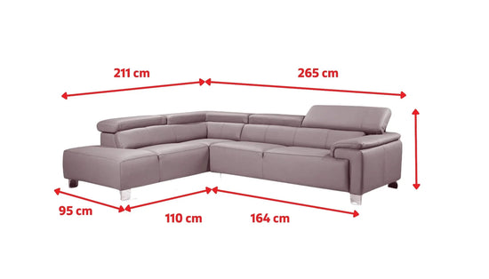 Genuine Leather Mid Grey Left Hand Facing Corner Sofa VENTO