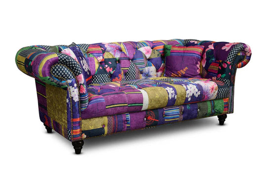 Multicoloured Fabric Patchwork 2 + 2 Seater Scroll Arm Chesterfield Sofa Set AMALFI