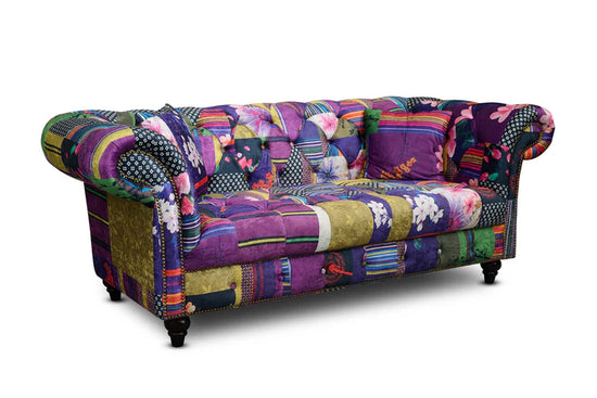 Multicoloured Fabric Patchwork 3 + 2 Seater Scroll Arm Chesterfield Sofa Set AMALFI