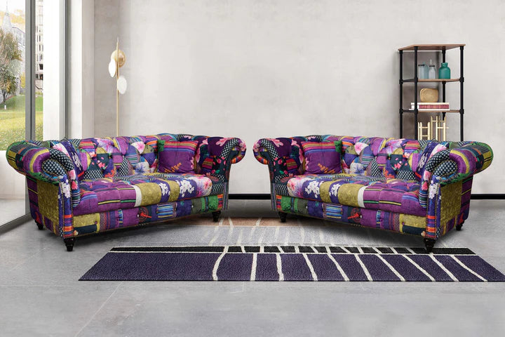 Multicoloured Fabric Patchwork 2 + 2 Seater Scroll Arm Chesterfield Sofa Set AMALFI