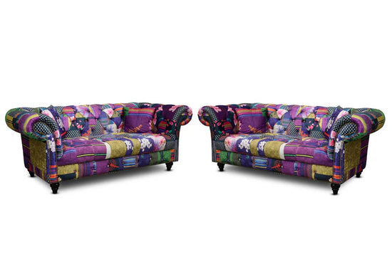 Multicoloured Fabric Patchwork 2 + 2 Seater Scroll Arm Chesterfield Sofa Set AMALFI