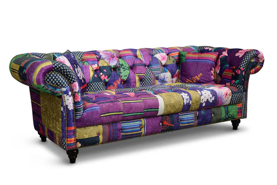 Multicoloured Fabric Patchwork 2 + 2 Seater Scroll Arm Chesterfield Sofa Set AMALFI