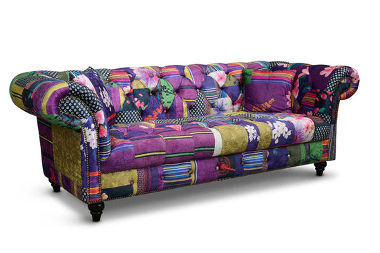 Multicoloured Fabric Patchwork 3 + 2 Seater Scroll Arm Chesterfield Sofa Set AMALFI