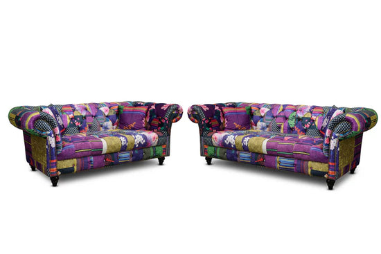 Multicoloured Fabric Patchwork 3 + 2 Seater Scroll Arm Chesterfield Sofa Set AMALFI