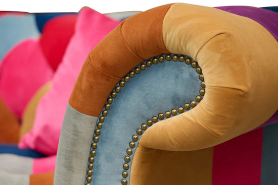 Multicoloured Velvet Patchwork 1 Seater Scroll Arm Chesterfield Sofa AMALFI