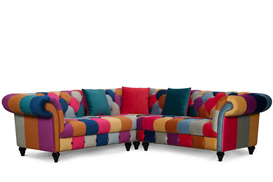 Multicoloured Velvet Patchwork 2C2 Seater Scroll Arm Chesterfield Corner Sofa AMALFI