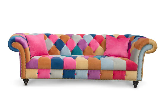 Multicoloured Velvet Patchwork 3 Seater Scroll Arm Chesterfield Sofa AMALFI