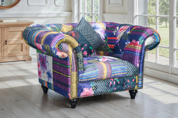 Multicoloured Fabric Patchwork 1 Seater Scroll Arm Chesterfield Sofa AMALFI