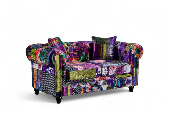 Multicoloured Fabric Patchwork Scroll Arm 2 Seater Chesterfield Sofa GRAZIA