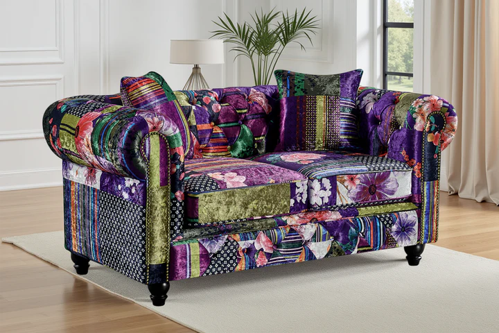 Multicoloured Fabric Patchwork Scroll Arm 2 Seater Chesterfield Sofa GRAZIA