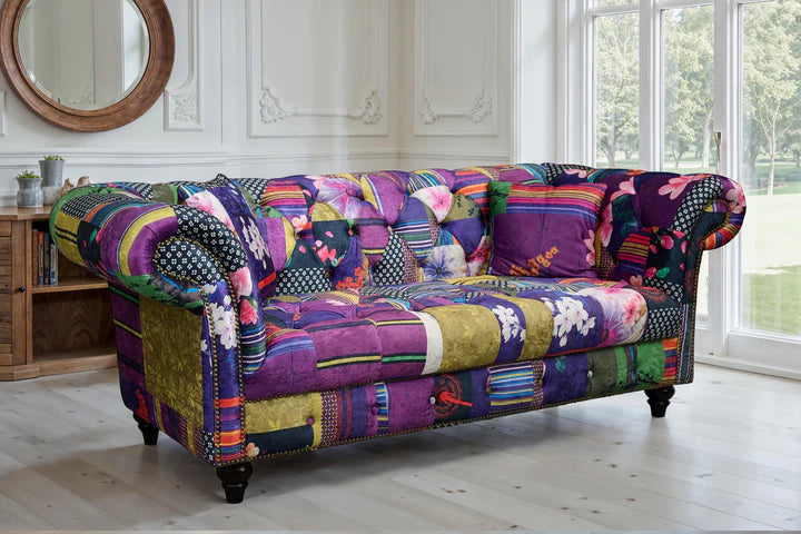 Multicoloured Fabric Patchwork 2 Seater Scroll Arm Chesterfield Sofa AMALFI