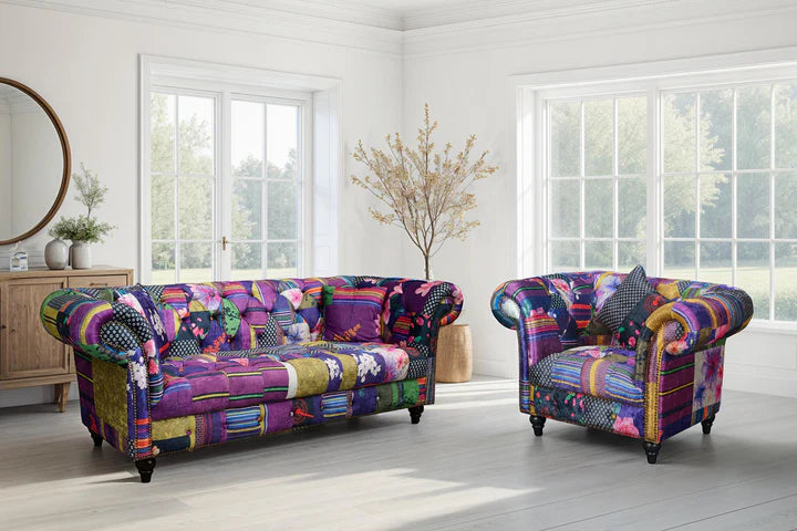 Multicoloured Fabric Patchwork 3 + 1 Seater Scroll Arm Chesterfield Sofa Set AMALFI