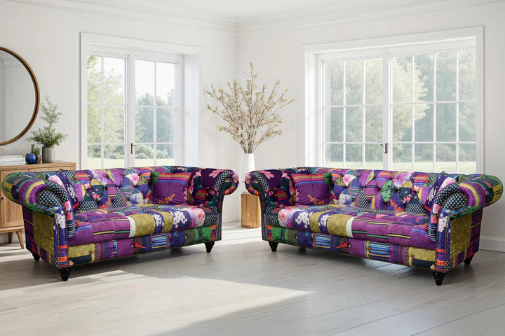 Multicoloured Fabric Patchwork 3 + 2 Seater Scroll Arm Chesterfield Sofa Set AMALFI