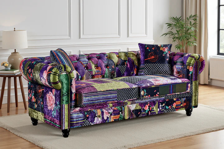 Multicoloured Fabric Patchwork Scroll Arm 3 Seater Chesterfield Sofa GRAZIA