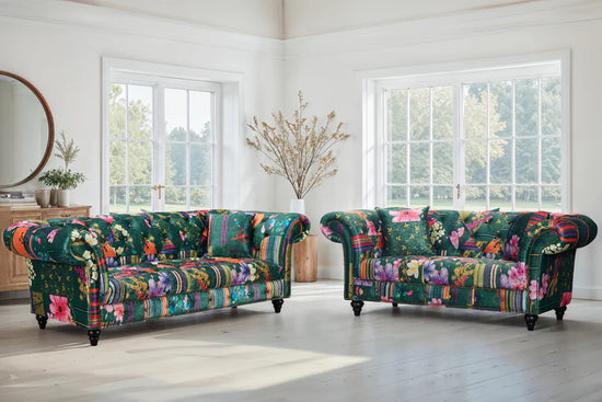 Fabric Green Patchwork 2 + 2 Seater Scroll Arm Chesterfield Sofa Set AMALFI