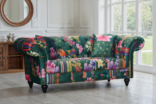 Fabric Green Patchwork 2 Seater Scroll Arm Chesterfield Sofa AMALFI