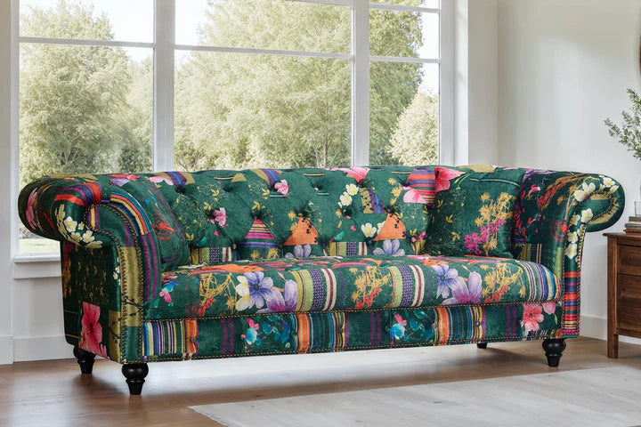 Fabric Green Patchwork 3 Seater Scroll Arm Chesterfield Sofa AMALFI