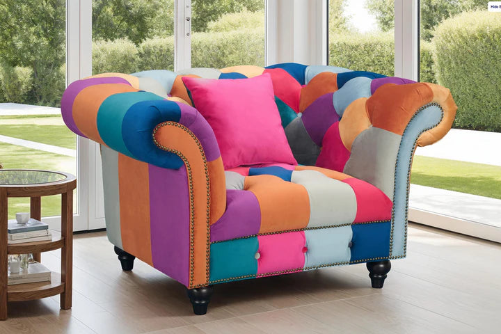 Multicoloured Velvet Patchwork 1 Seater Scroll Arm Chesterfield Sofa AMALFI