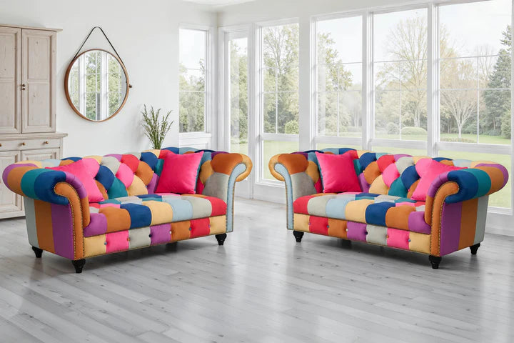 Multicoloured Velvet Patchwork 2 + 2 Seater Scroll Arm Chesterfield Sofa Set AMALFI