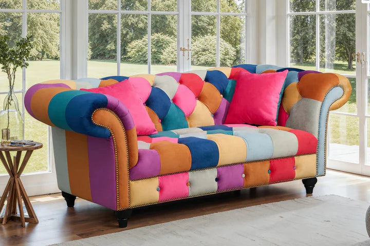 Multicoloured Velvet Patchwork 2 Seater Scroll Arm Chesterfield Sofa AMALFI