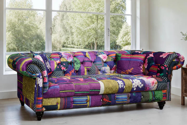 Multicoloured Fabric Patchwork 3 Seater Scroll Arm Chesterfield Sofa AMALFI
