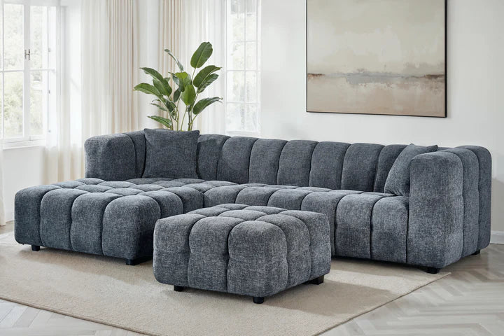 Pale Blue Chenille Fabric Left Hand Facing Corner Sofa with Ottoman TRANQUILLITÀ