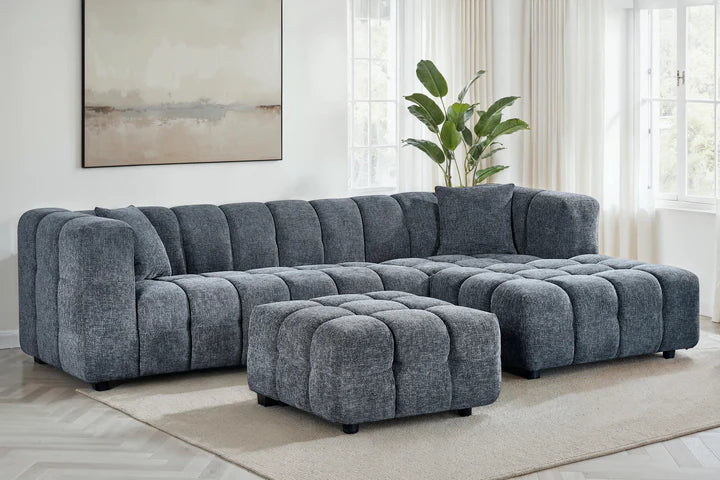 Pale Blue Chenille Fabric Right Hand Facing Corner Sofa with Ottoman TRANQUILLITÀ